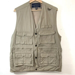 North Bay Khaki Vest Adult  Small  Hiking Fishing Utility Pockets 100% Cotton